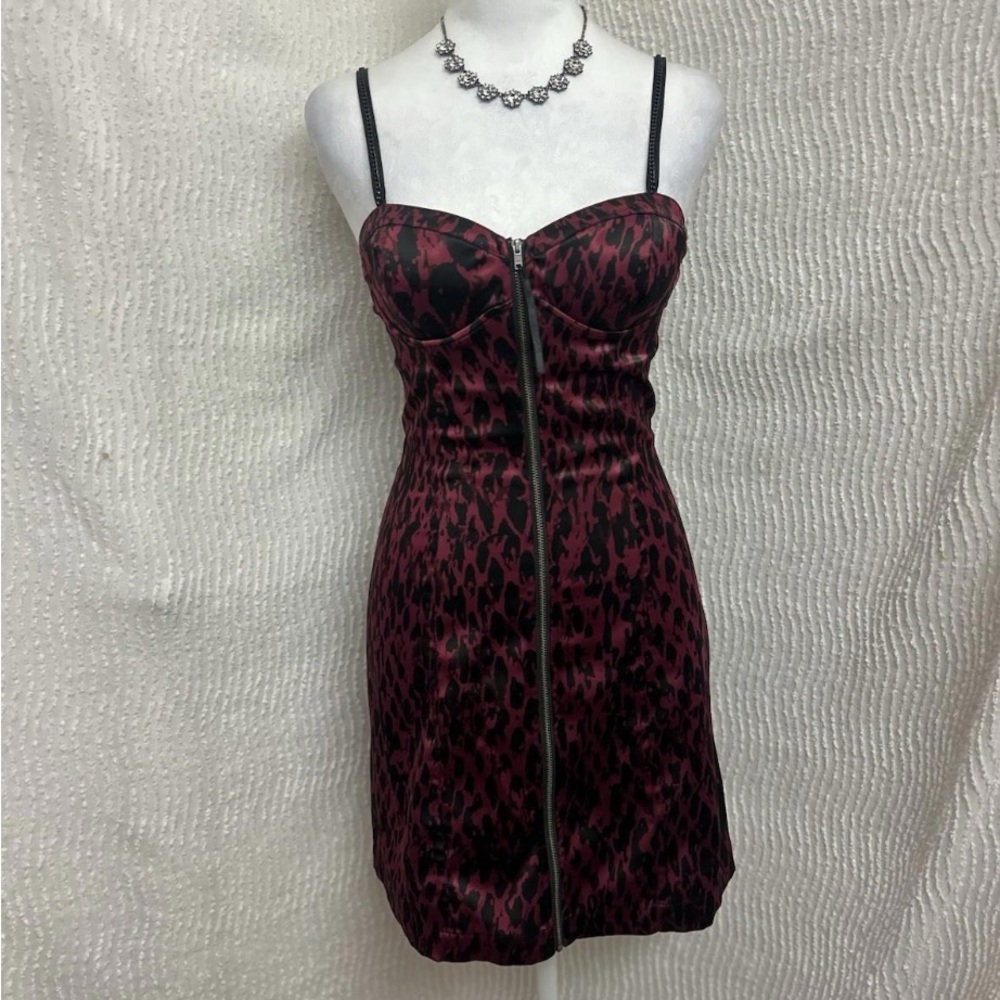 GUESS Satin Corset Dress 3 Maroon Leopard Midi Y2K Vintage XS Small